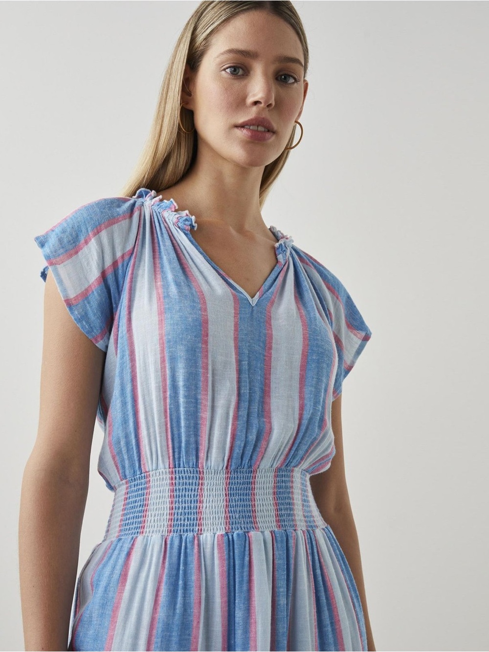 Rails Amellia Kona Striped Blue and Pink Tiered Midi Dress Linen Blend Large - Picture 3 of 13